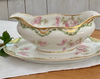 Antike Haviland Limoges Frankreich Sauciere mit befestigten Unterplatte rosa Kirschblüten Blumen