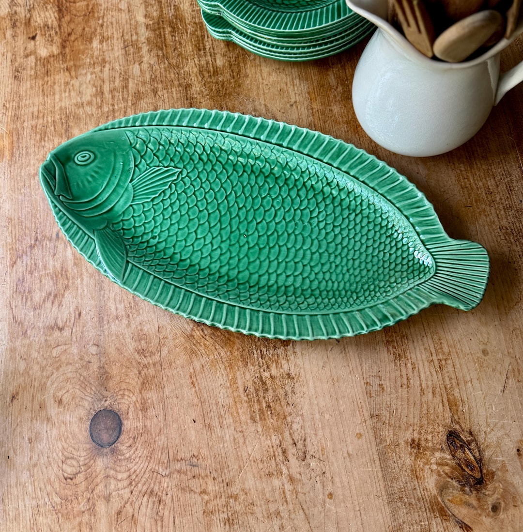 Vintage French Majolica Green Fish Shaped Platter Sarreguemines