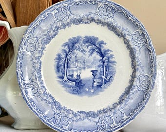 アンティークブルー転写皿：19世紀イギリスの川の風景 - Etsy 日本