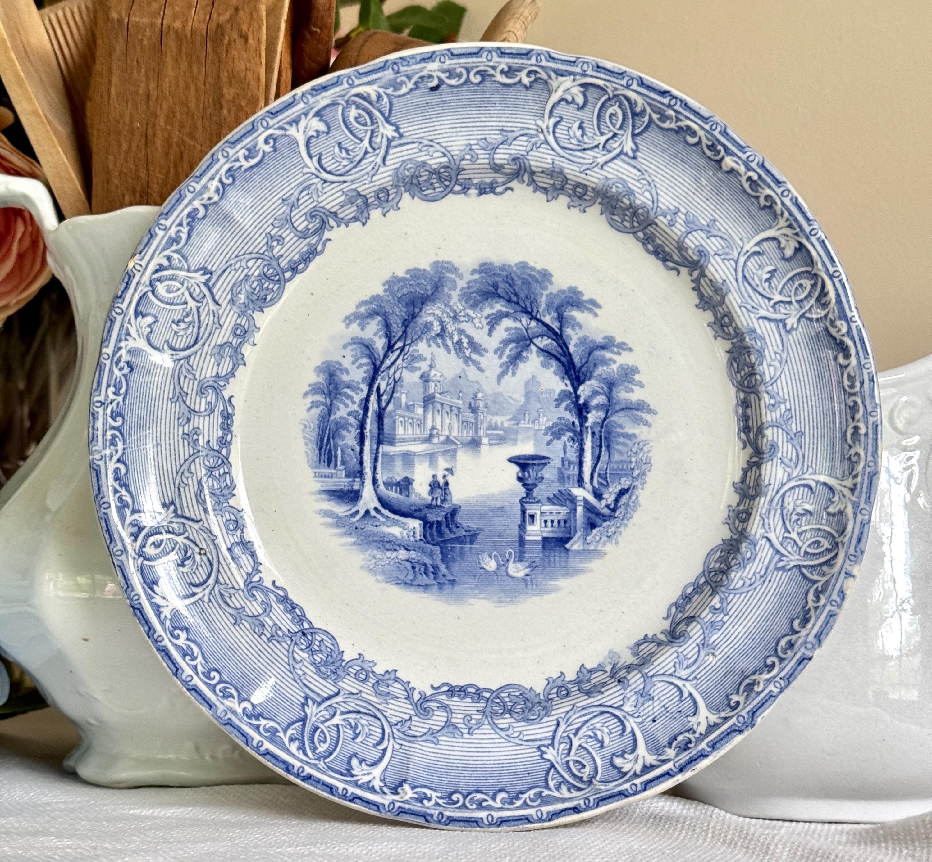アンティークブルー転写皿：19世紀イギリスの川の風景 - Etsy 日本
