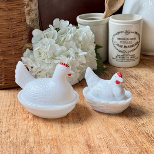 Vintage Milk Glass Hen on Nest: Westmoreland Red Trim, Farmhouse Decor - Set of 2