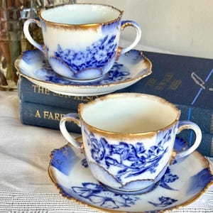 Antique 19th Century Flow Blue Bouillon Soup Cups George Jones & Sons Ironstone Transferware Staffordshire, England Set Of 2