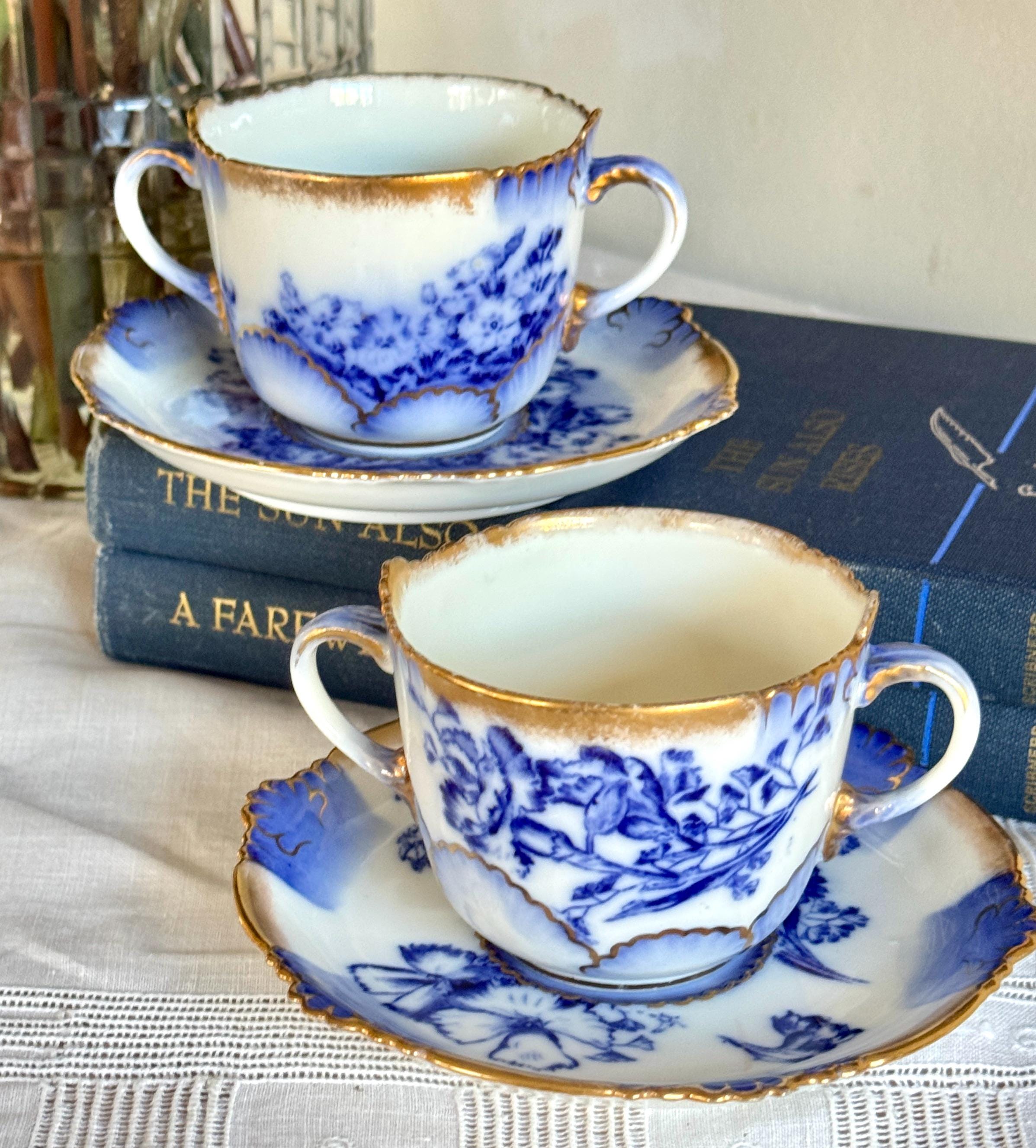Antique 19th Century Flow Blue Bouillon Soup Cups George Jones & Sons Ironstone Transferware Staffordshire, England Set Of 2
