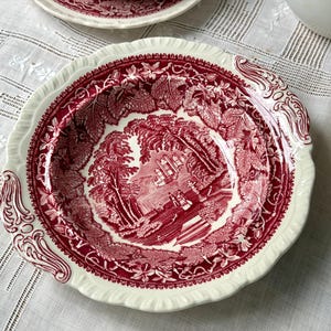 May include: A round ceramic bowl featuring a deep red transferware pattern on a cream background. The center depicts a landscape with a building and figures, surrounded by a wide border of detailed grape leaves and vines with ornate scrollwork.