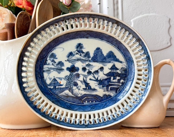 Antique CANTON Chinese Export Reticulated Edge Platter Blue
