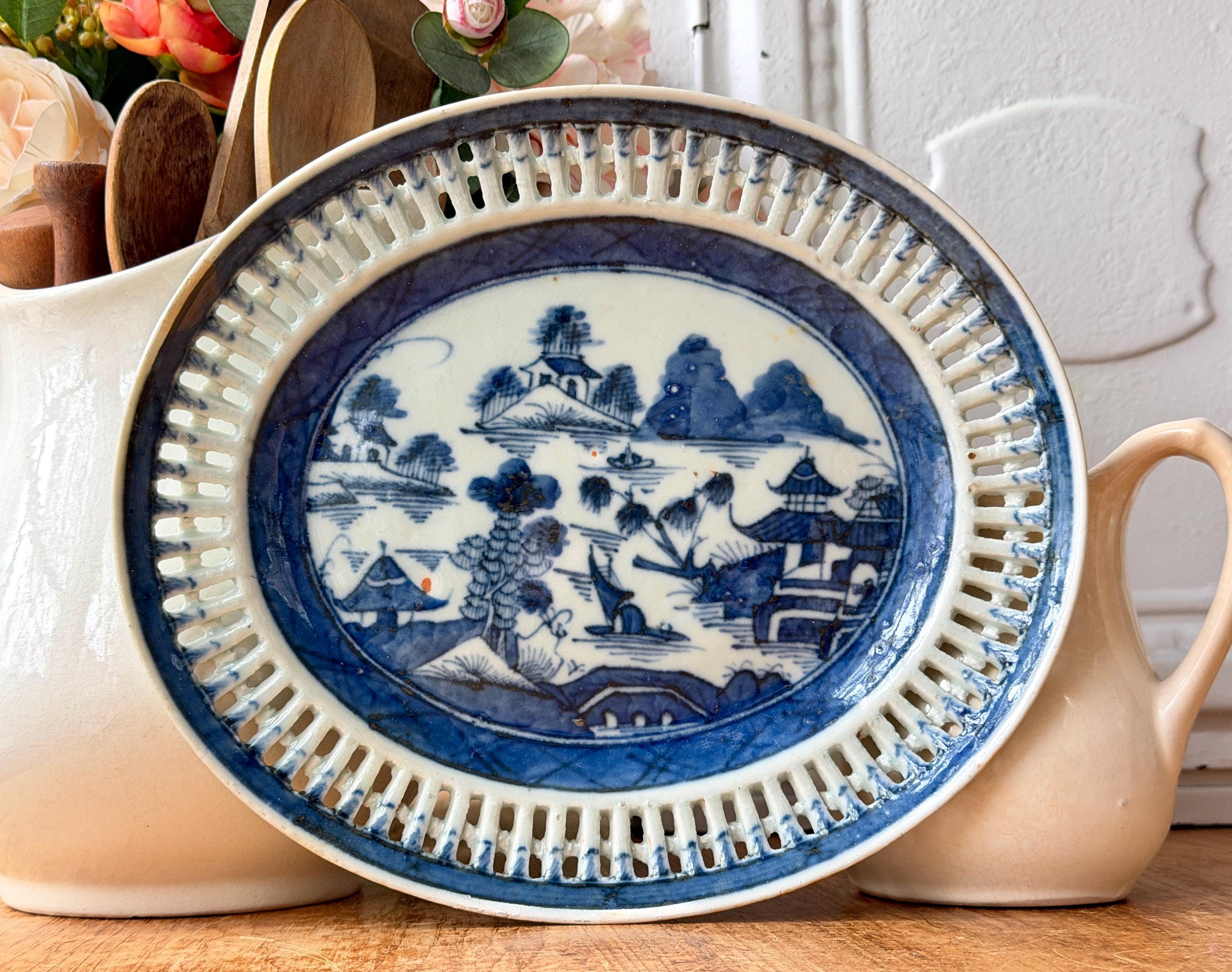 antique mini plate ❀ ビンテージブルー ボタニカル柄 antique mini