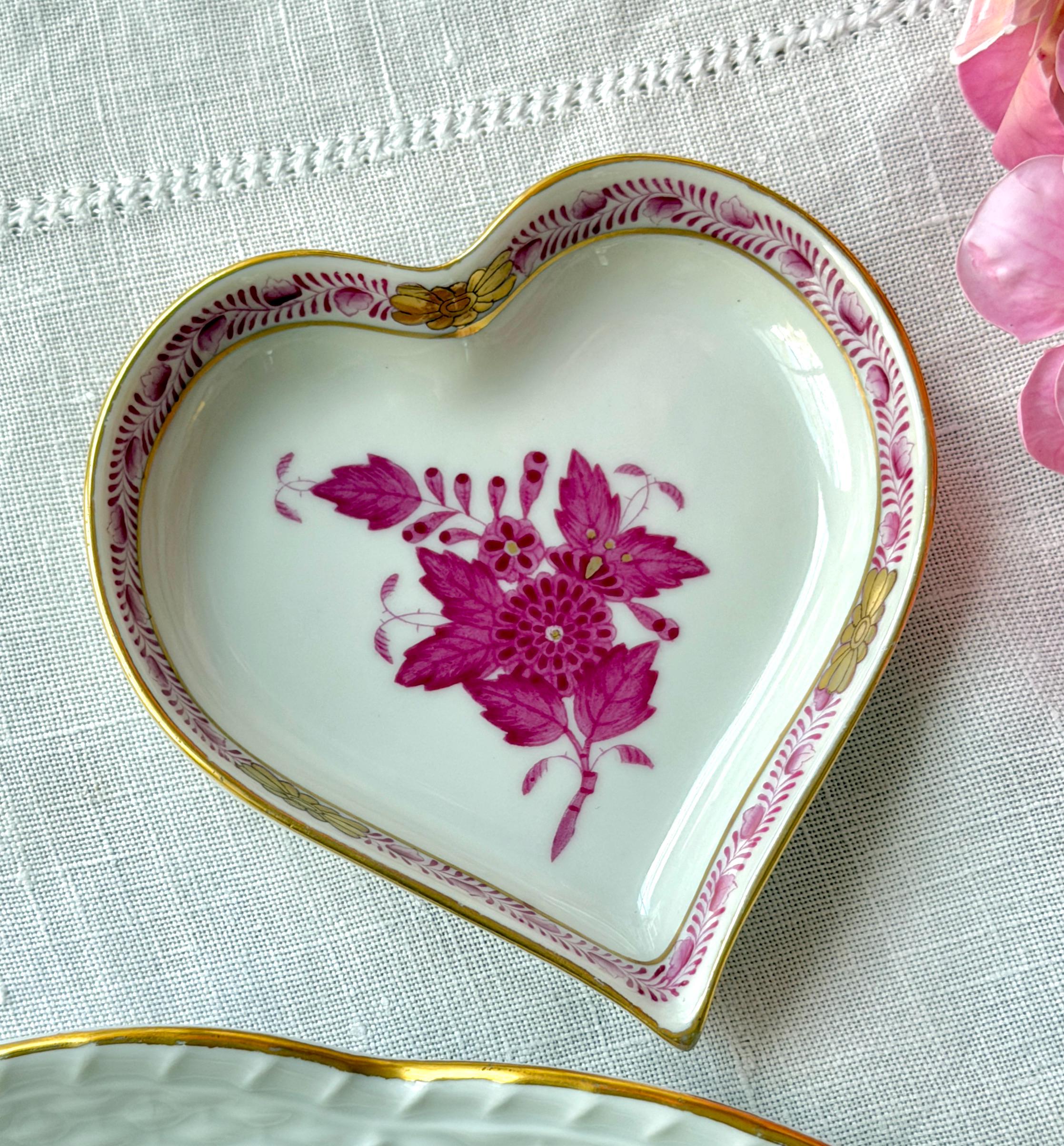 Vintage Herend Raspberry Chinese Bouquet Heart Shaped Tray Trinket