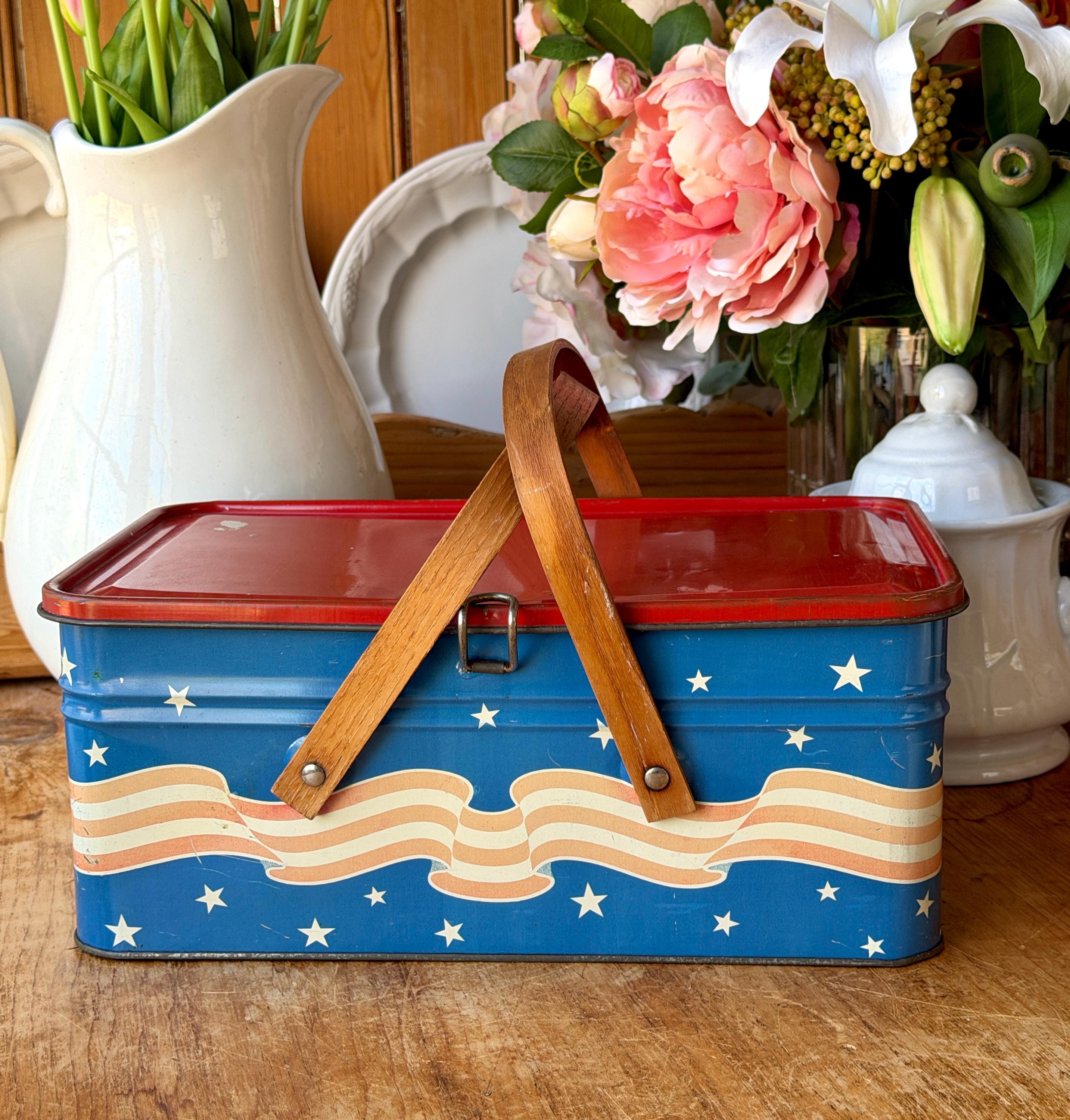 Antique Red White Blue Patriotic Tin Picnic Basket GOLDEN COOKIES