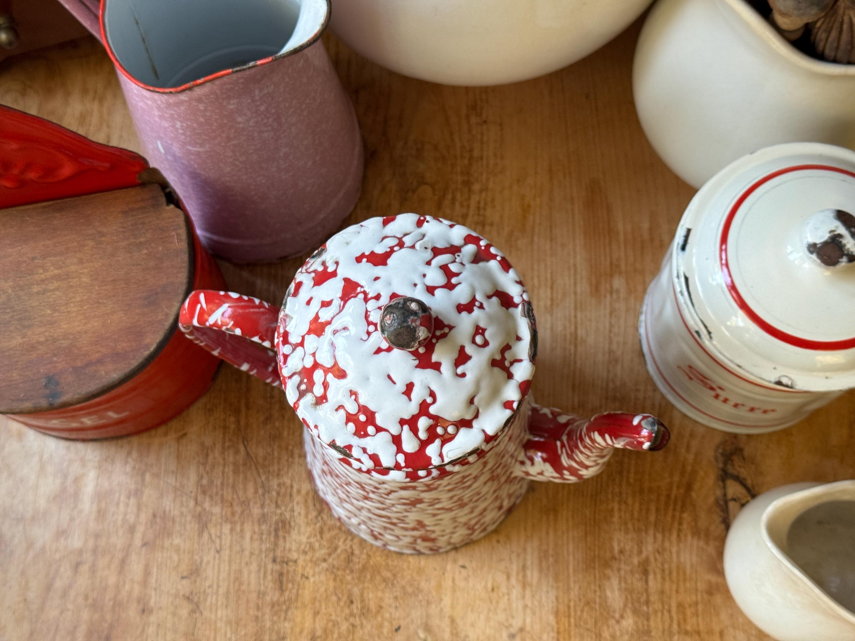 Splatterware Pot Antique French Red Splatterware Enamelware Coffee Pot Handled Country ...