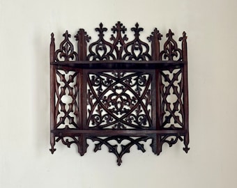 Antique Wood Fretwork Wall Shelf Two Tier Hanging Collapsible Foldable Scrolls Fleur De Lis Arches