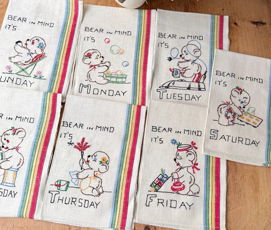 Vintage Embroidery Tea Towels 7 Days of the Week Kitchen Towel Rainbows ...