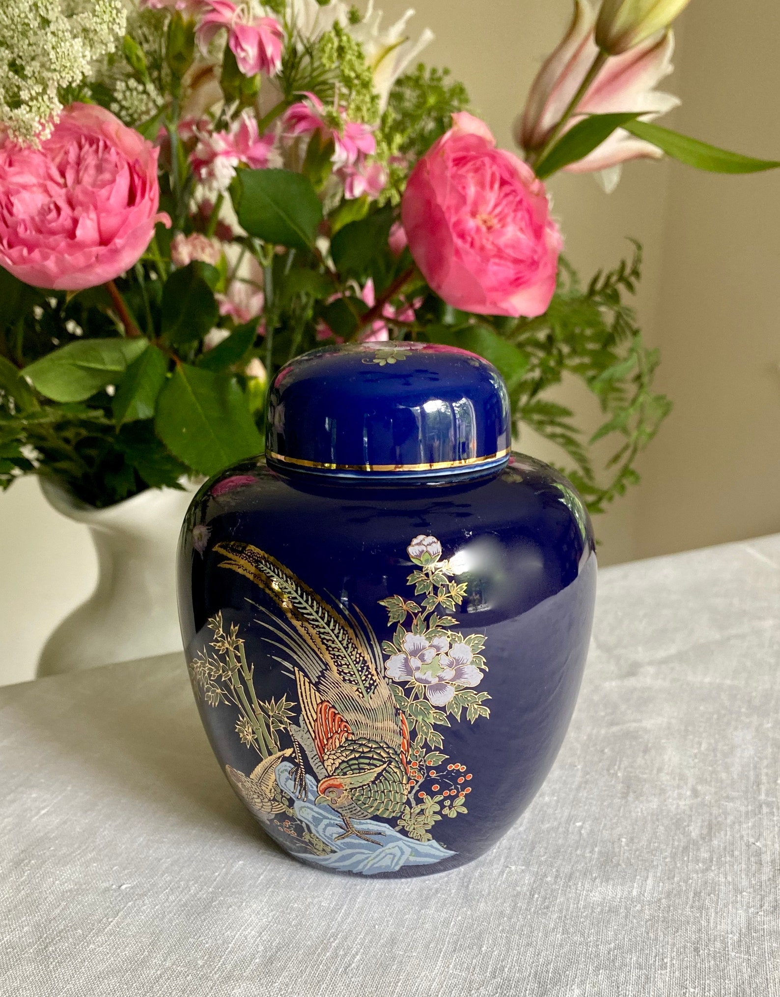 Vintage Ginger Jar Vase Hand Painted Green Pheasants Bamboo & Etsy