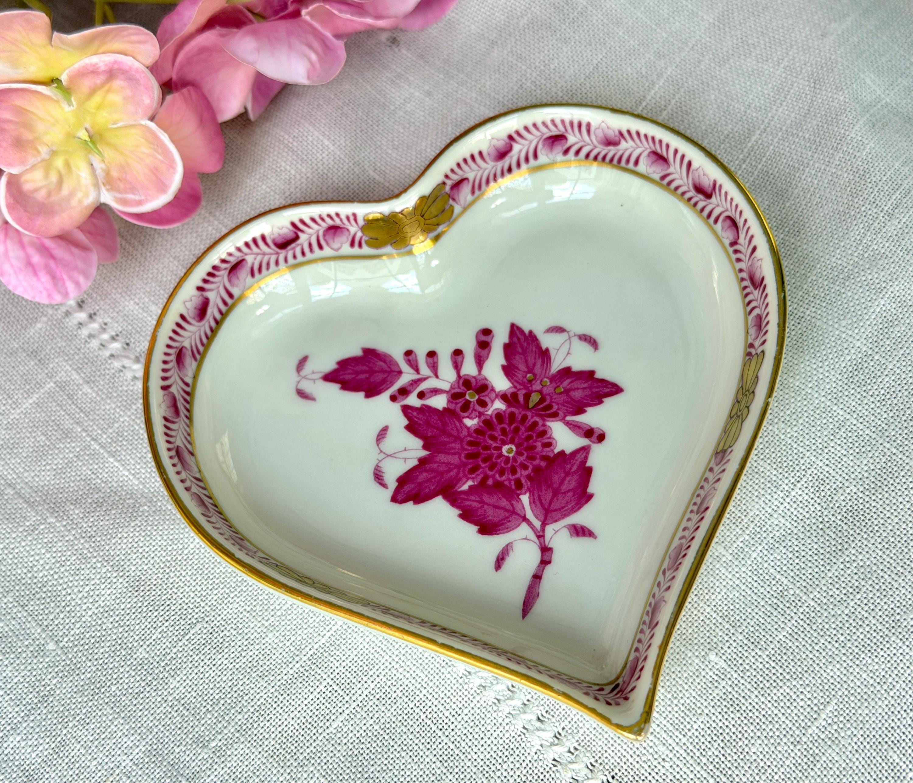 Vintage Herend Raspberry Chinese Bouquet Heart Shaped Tray Trinket