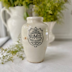 Antique NUMOL English Ironstone Jug Crock Body Builder Tonic & Nervine Advertising Jar White Black English Farmhouse