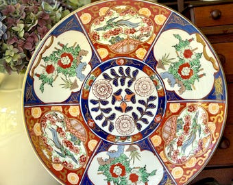 Vintage Large Gold Imari Platter PlateJapan Hand Painted Prunus Blossom Flowers And Birds Blue & Red