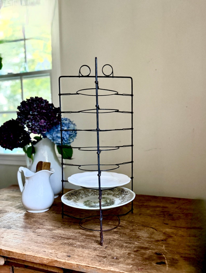 Antique Primitive Tall Metal Wire Pie Stand Cooling Rack Twist Display Piece Plate Rack Rustic Industrial Farmhouse Table image 2