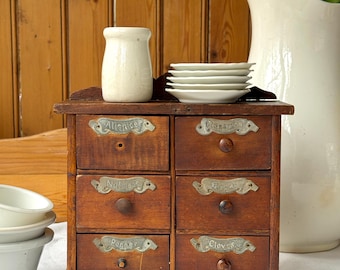 Antique 6 Drawer Pine Wood Primitive Standing Spice Cabinet Box Silver Tin Labels Farmhouse Kitchen Apothecary Counter Storage