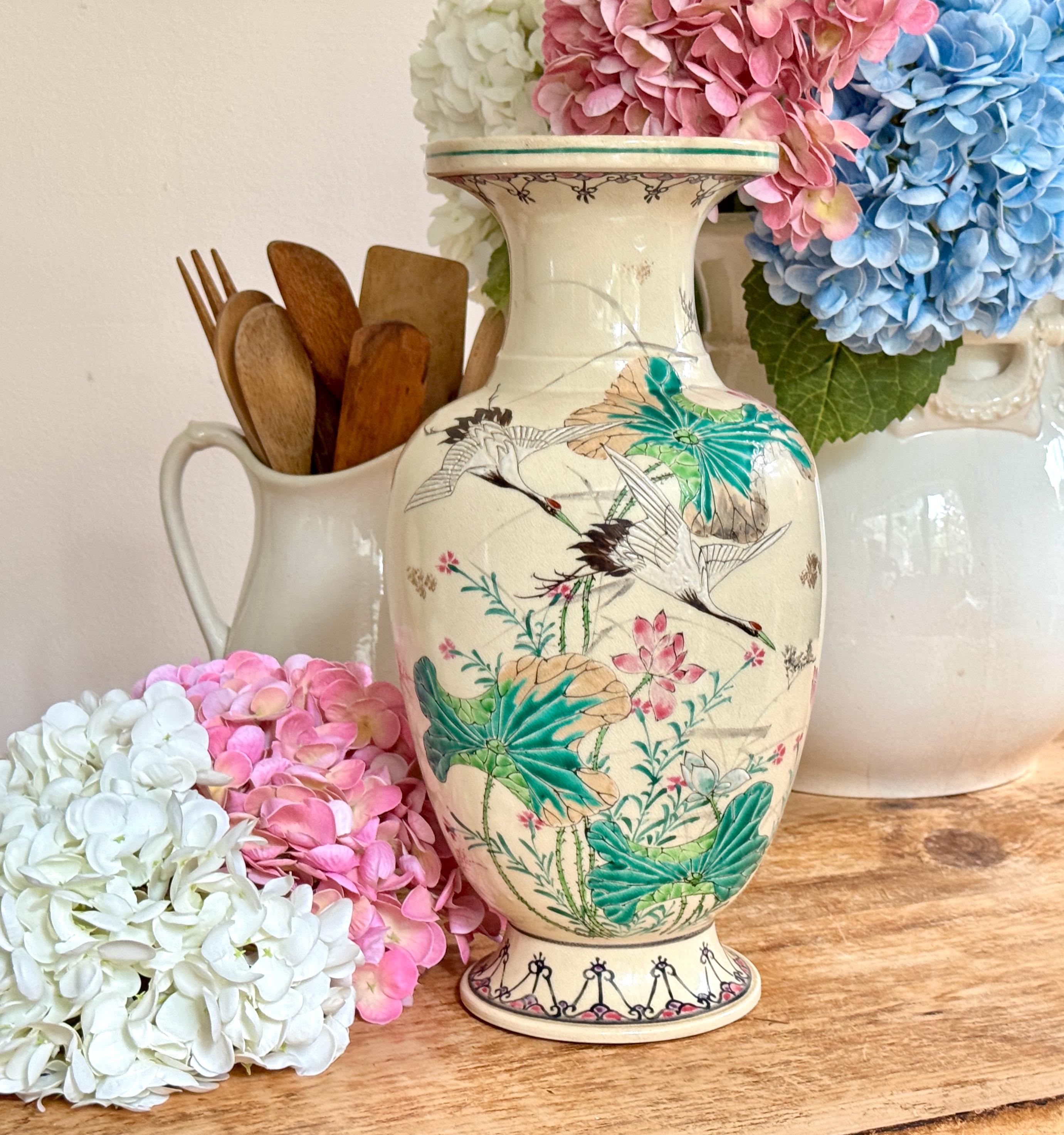 Antique Japanese Satsuma Earthenware Vase Crane Birds Pair Pink
