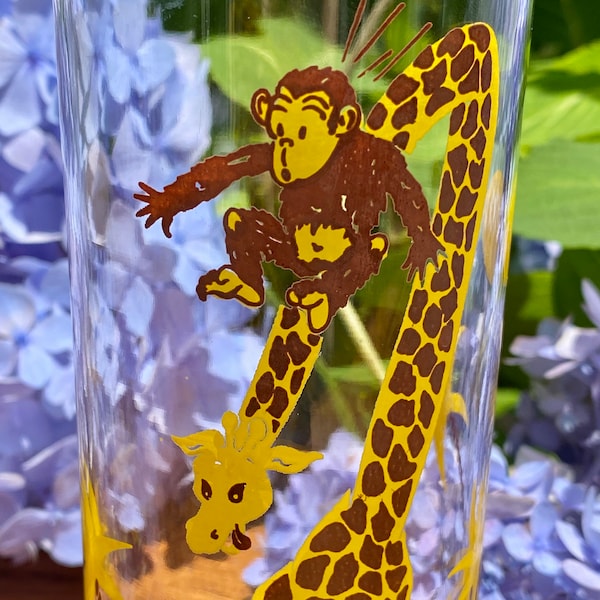 Vintage Federal Glass Giraffe & Monkey Tumbler Coolers Mid Century Modern Yellow And Brown Zoo Safari Animals Iced Tea Collins SET OF 2