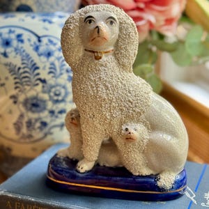 Antique English Staffordshire Poddle Dog Mother & Puppies Blue White And Gold Mantle Decor