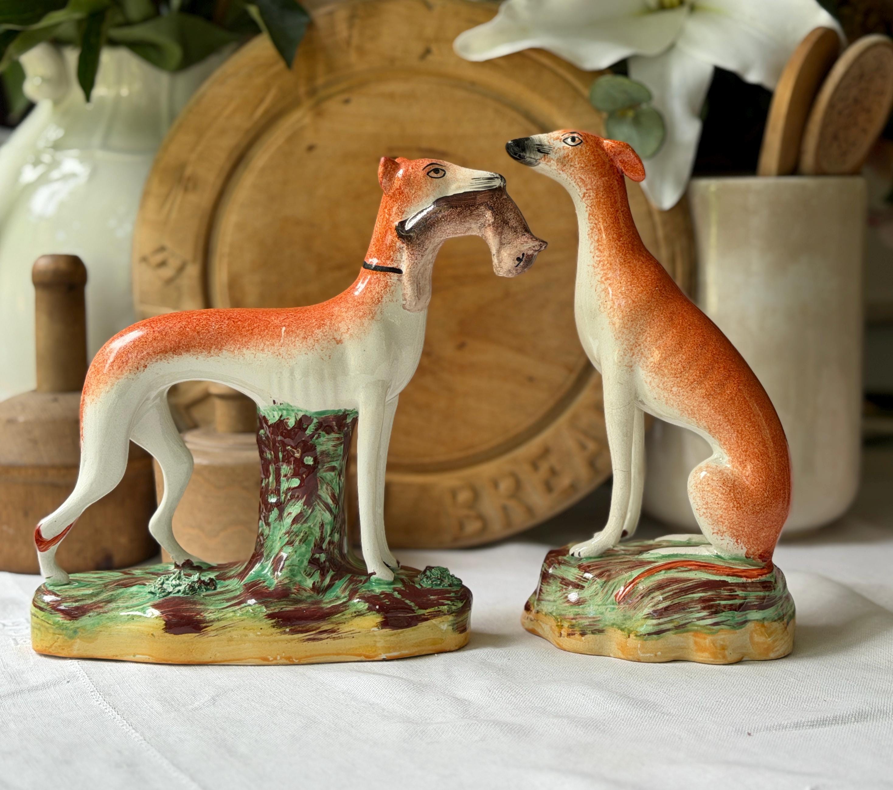 Antique English Staffordshire Large Whippet Dogs Set of 2 Rabbit