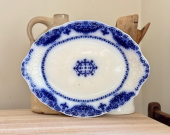 Antique Flow Blue Johnson Brothers ALBANY Platter Blue Vines Embossed Scrolls Gold Trim