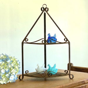 Vintage Rusty Wrought Iron Corner Hanging Rack Two Tier Free Standing Tabletop Display Scrolls Shelf Wall Shelf