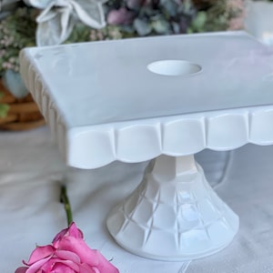 Vintage Constellation White Milk Glass Cake Stand Large Square Rum Well Indiana Glass Thumbprint Pedestal Display