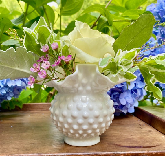 Fenton Hobnail Milk Glass Vase Double Crimped Ruffled Edge Wedding