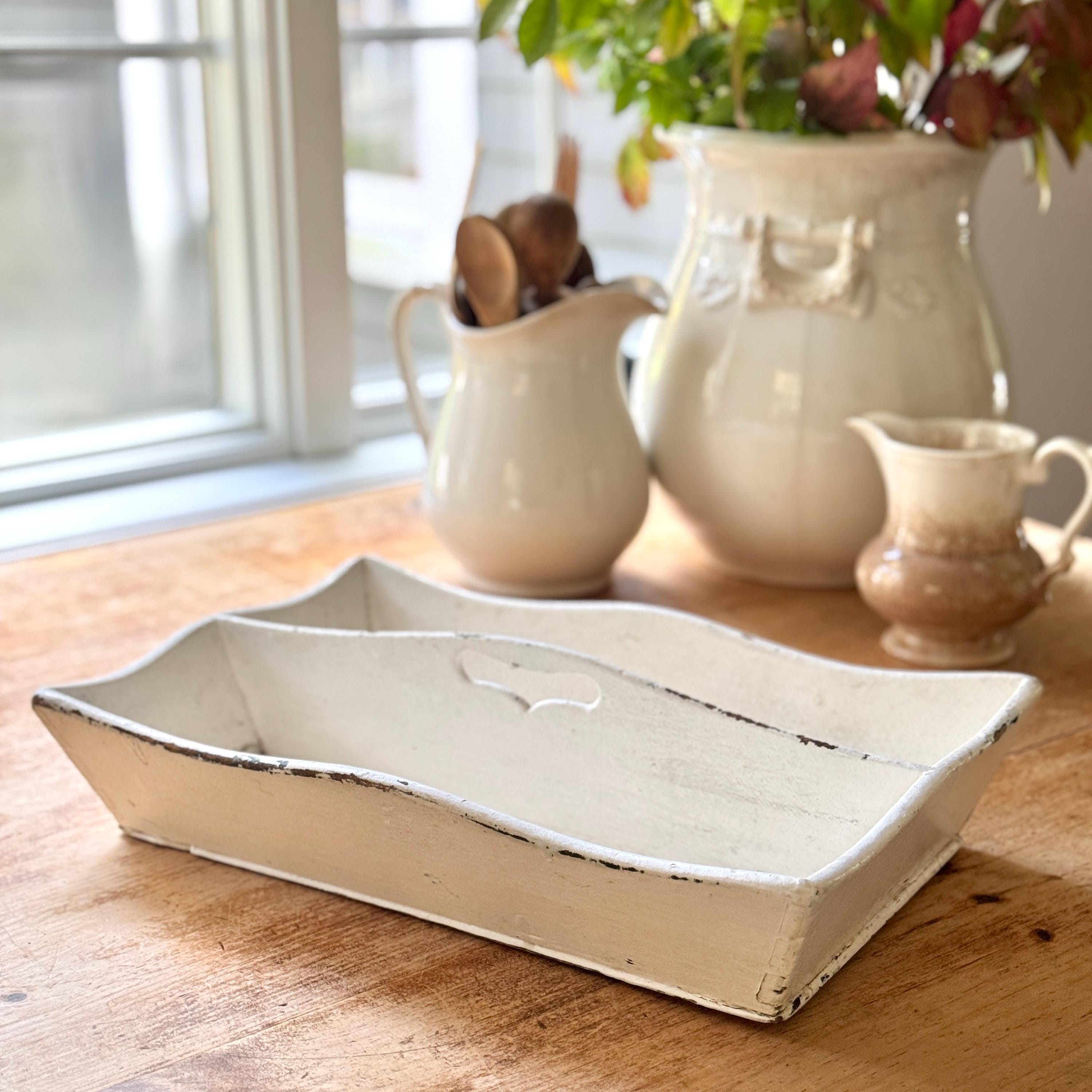 Antique Worn White Painted Wood Dovetail Flatware Box Cutlery Tray