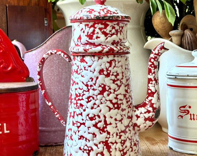 Splatterware Pot Antique French Red Splatterware Enamelware Coffee Pot Handled Country ...