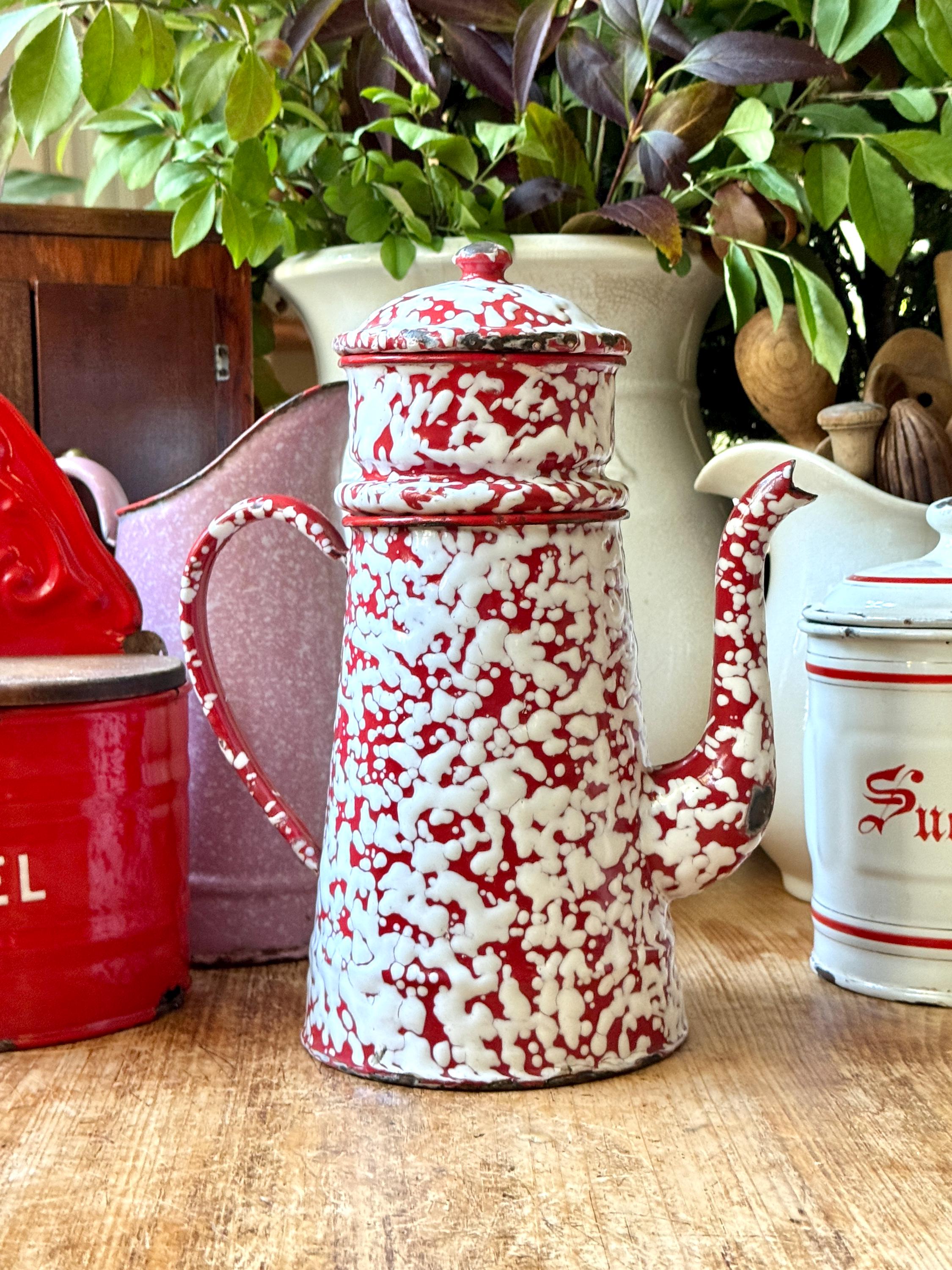 vintage 40-50's◆ロベール・ピコ/テリーヌポット Antique French Red Splatterware Enamelware Coffee Pot Handled