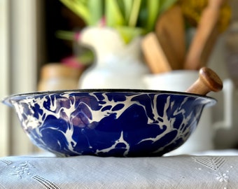 Vintage Cobalt Blue Splatter Swirl Porcelain Enamelware Round Wash Tub Basin Pan Old Country Farmhouse Kitchen Laundry