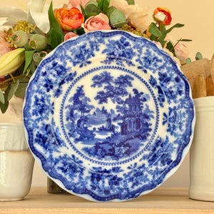 Antique Flow Blue Adams & Co. FAIRY VILLAS Staffordshire Blue And White Transferware Staffordshire Inghilterra