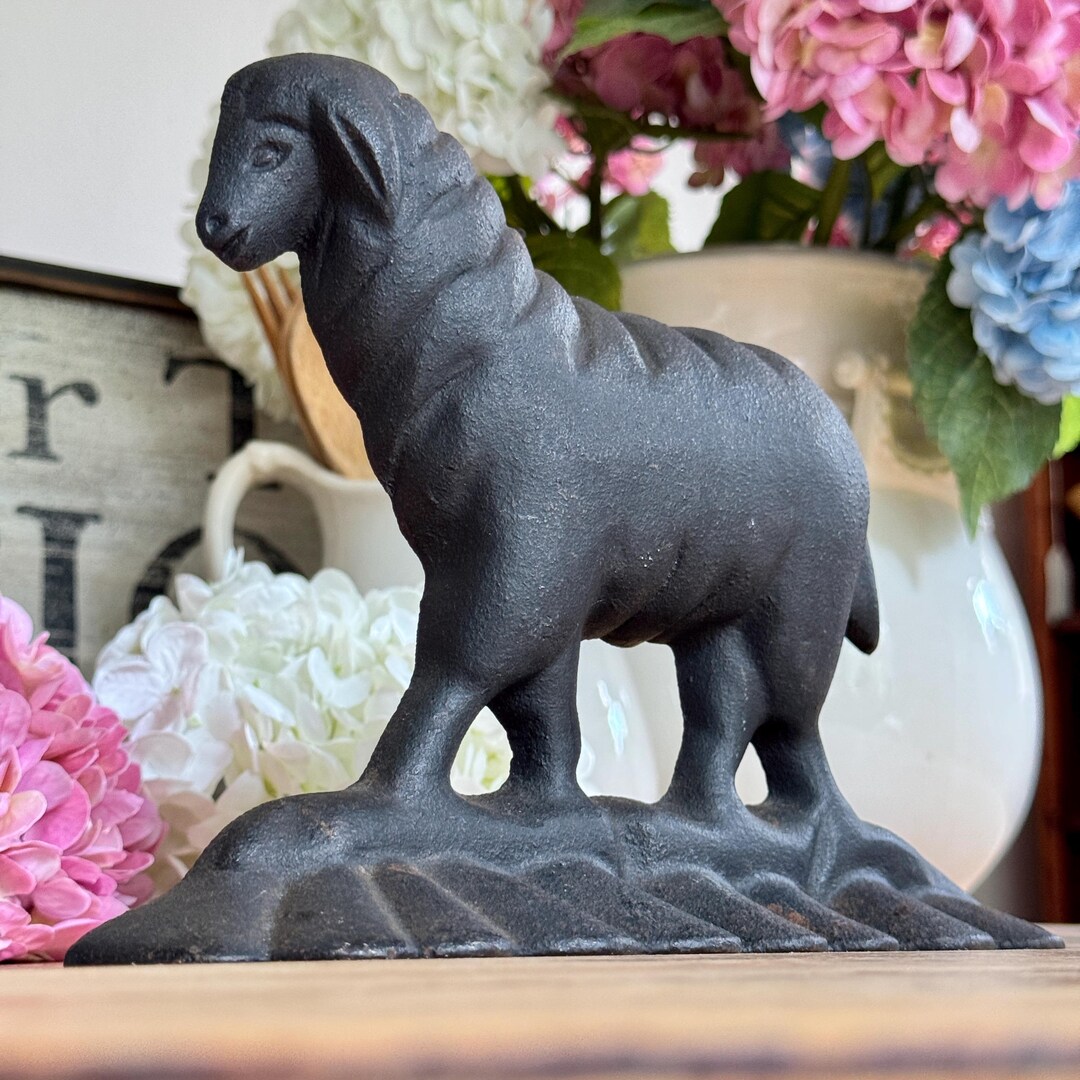 Antique Cast Iron Black Ewe Merino Sheep Doorstop Realistic Country ...