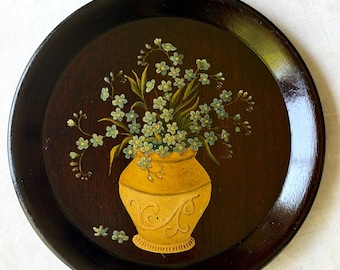 Antique Hand Painted Mahogany Wood Plate Blue Forget Me Not Flowers Vase Signed A. Vickery 1920