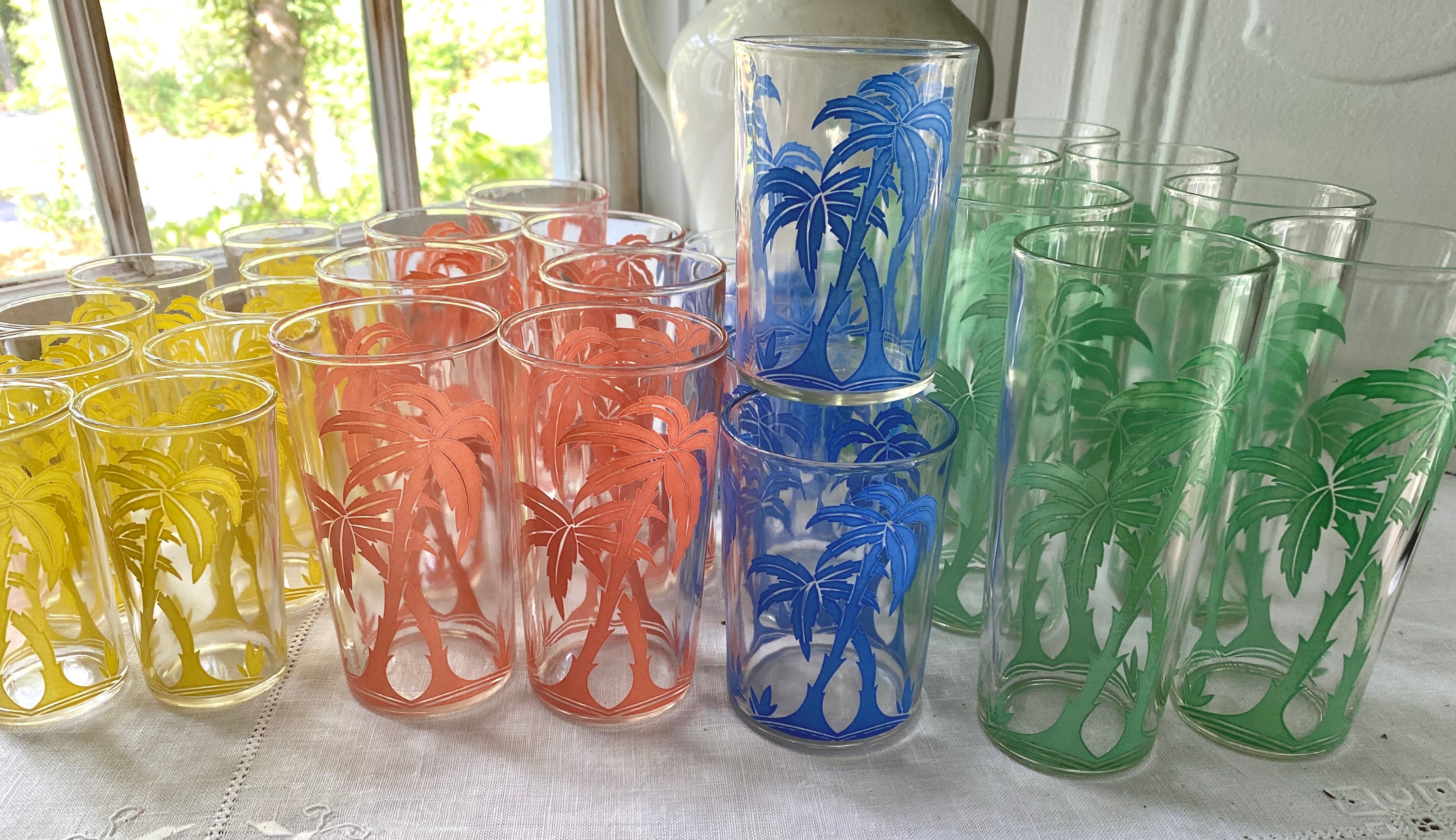 Libbey Vintage Glasses, Set of 4, 16 oz Cooler, Palm Trees