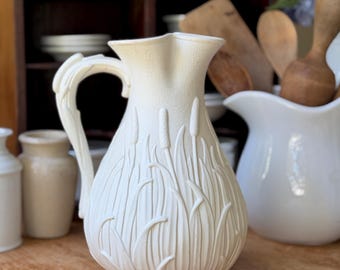 Antique Minton Parian Ware Cattails Pitcher Jug 9" White Bisque Relief 1842