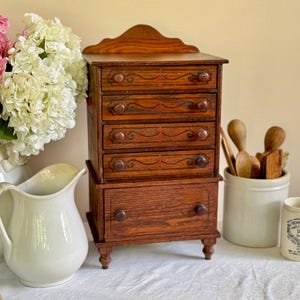 Antique Oak 5 Drawer Miniature Chest Free Standing Apothecary Cabinet Farmhouse Kitchen  Counter Storage