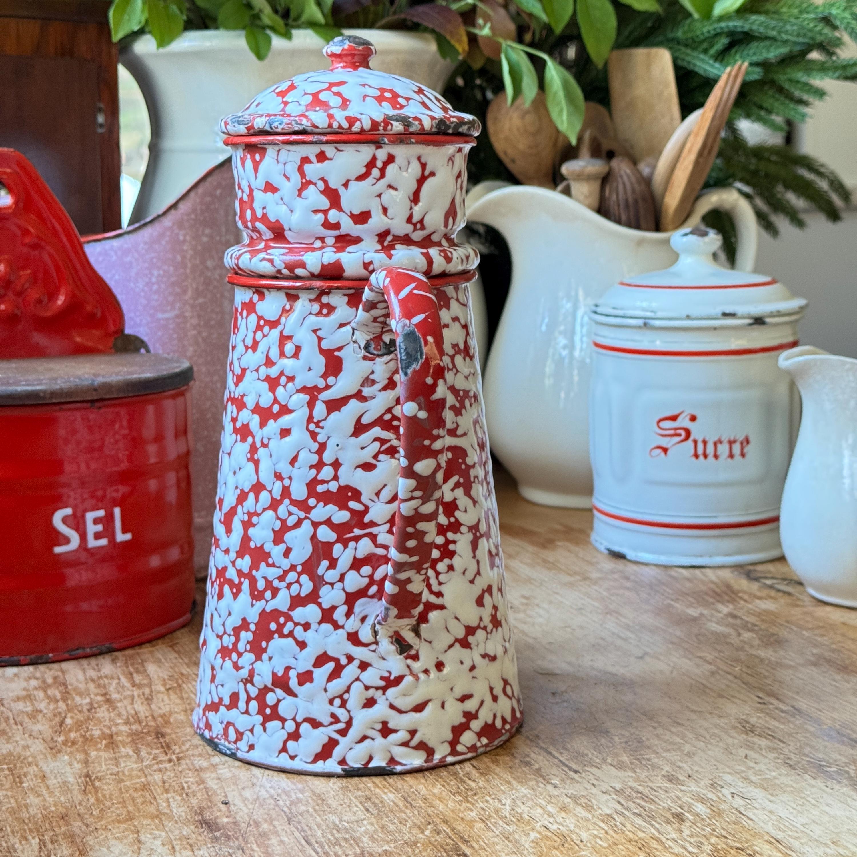 Splatterware Pot Antique French Red Splatterware Enamelware Coffee Pot Handled Country ...