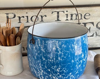 Großer Aqua Blue Splatter Swirl Porzellan Emaille Eimer Topf Bauernhaus Küche Vorratsbehälter