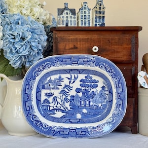 Antike blaue Weiden-Servierplatte aus Keramik Ridgway Staffordshire England 31 1/2 Zoll Serviergeschirr