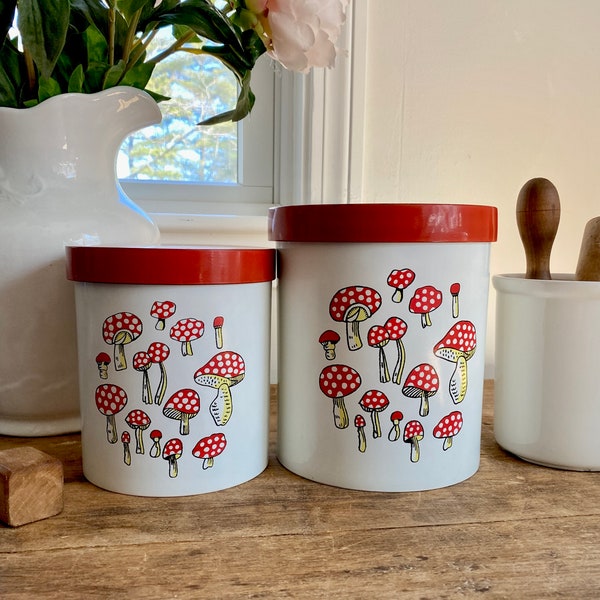 Vintage Red Polka Dot Mushroom Lacquer Canisters Set Of 2  Kitchen Storage Made in Japan