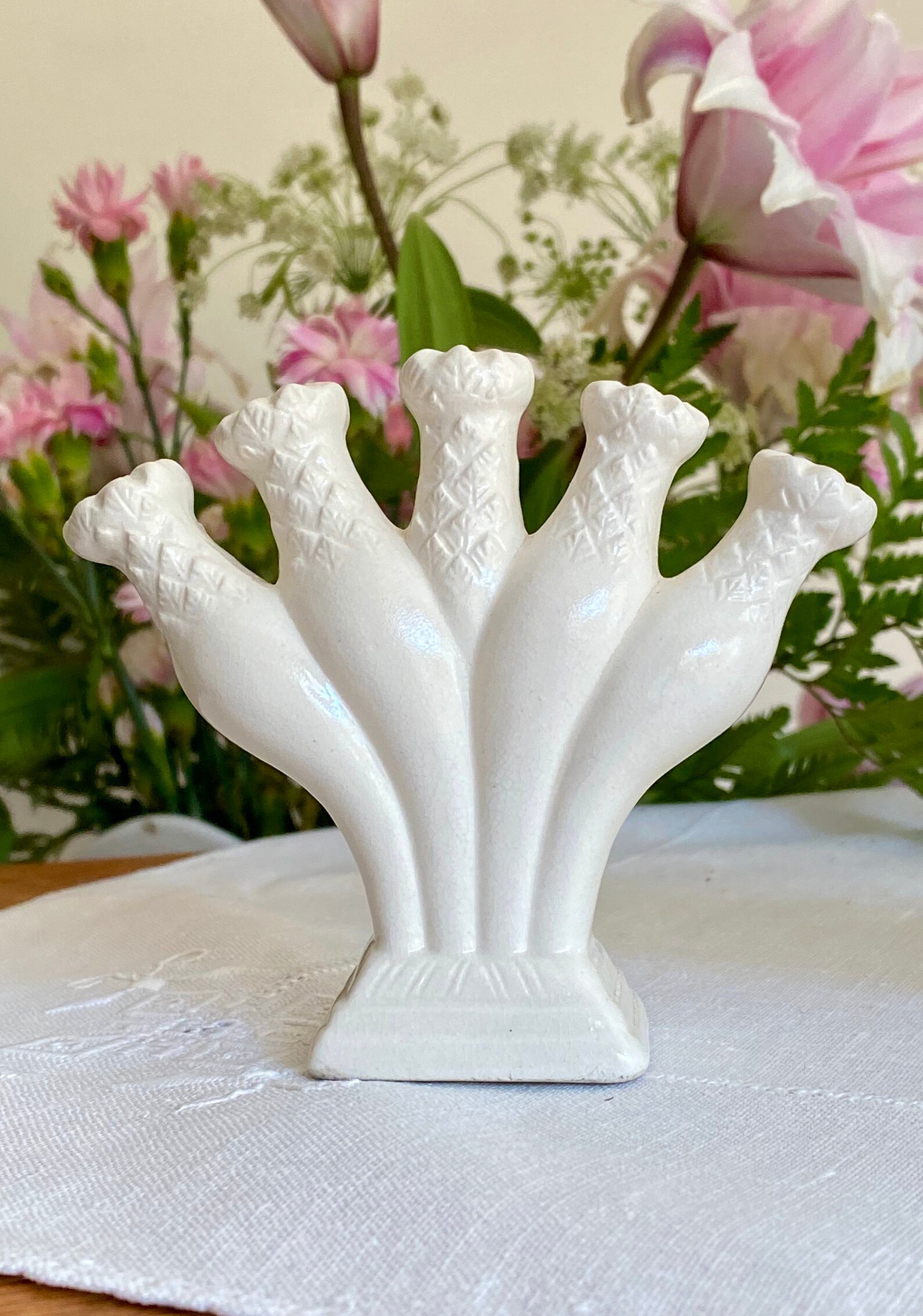 Vintage Japan White Bud Vase 5 Finger Ceramic Embossed Set Of Etsy