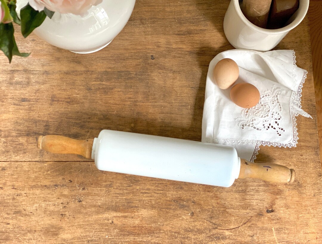 Vintage Wood & Milk Glass Rolling Pin Primitive Farmhouse Tool Etsy
