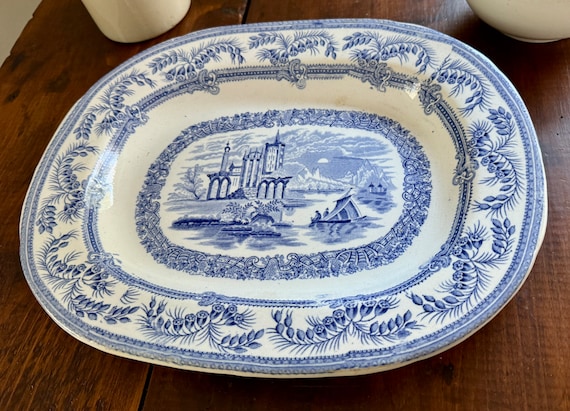 Antique 1850's English Blue & White Pottery Pearlware Platter