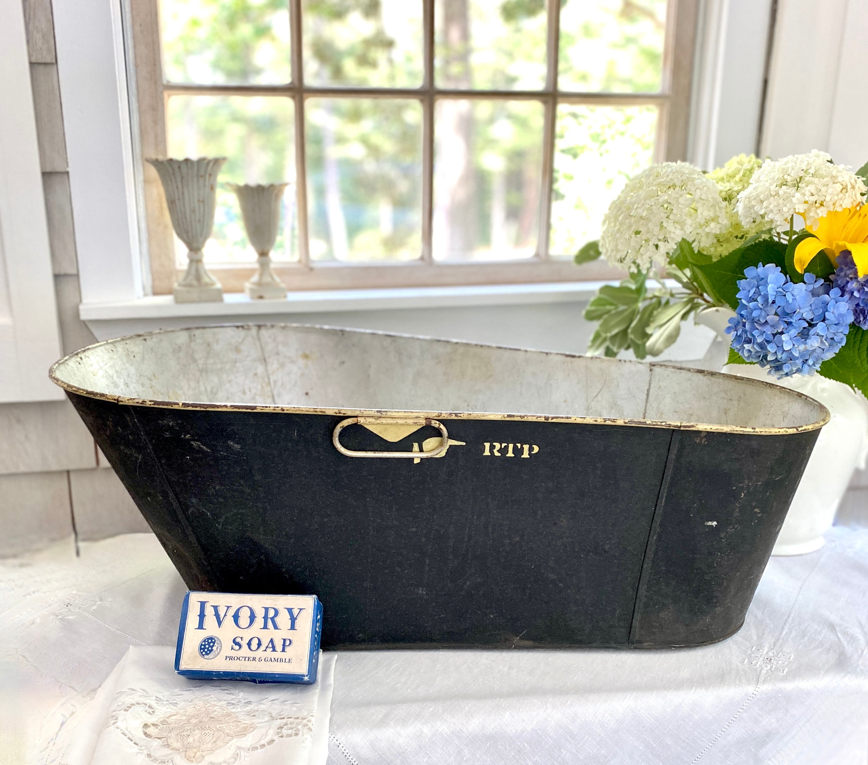 Antique Victorian Baby Bath Tub Large Galvanized Metal Painted Etsy