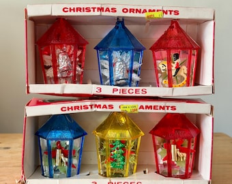 Vintage Jewelbrite Christmas Ornaments Boxed Set Of 6 Multi Color Diorama Christmas Decorations Toy Soldier Candle Bell Tree Made In USA