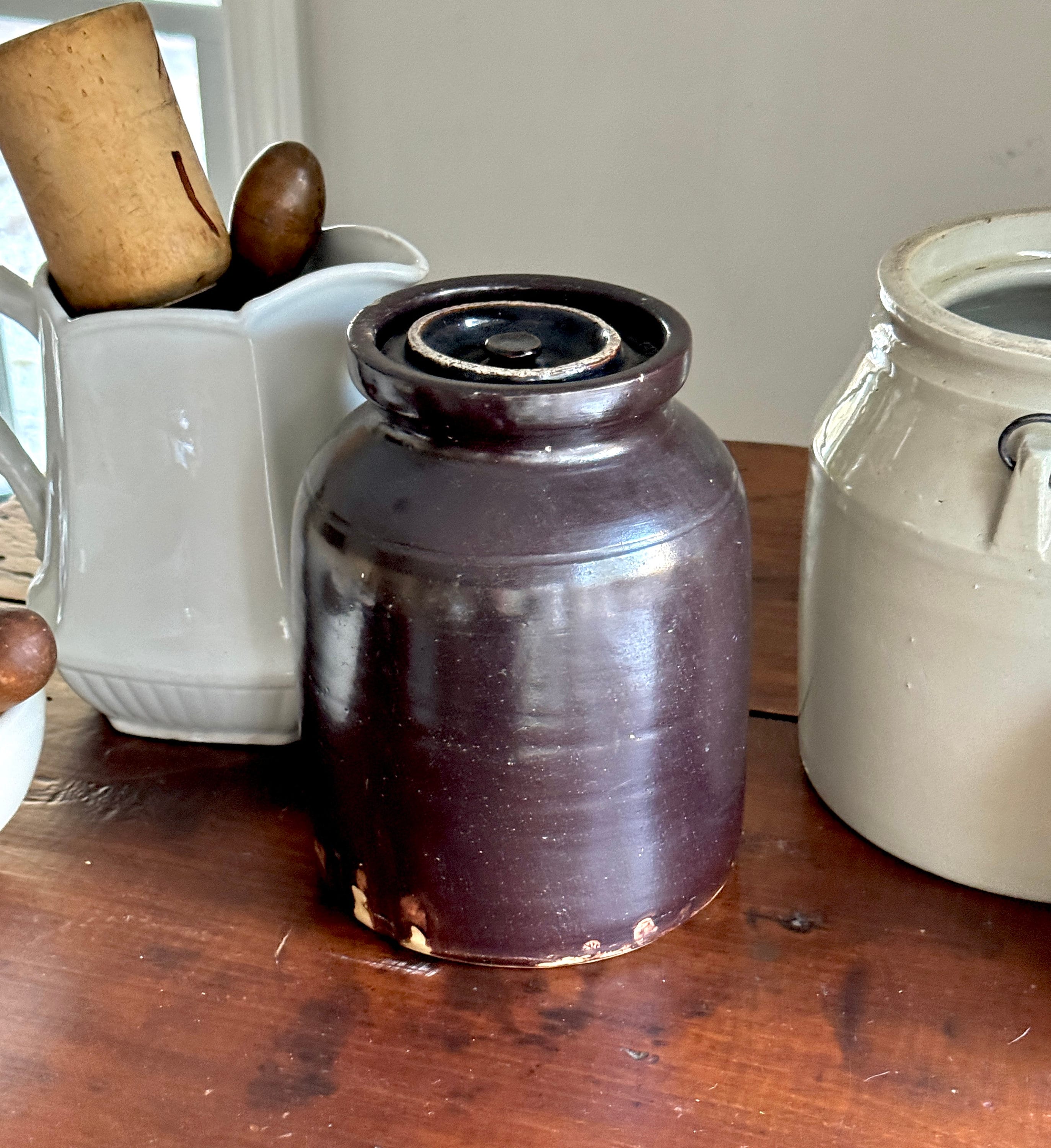 ◼️オリジナル◼️アンティーク PURE BUTTER スラブ Antique Primitive Albany Slip Canister Jar Stoneware Crock With