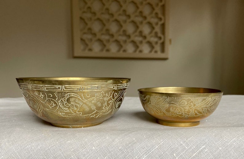 Vintage Brass Bowl Set Of 2 Small Etched Bowls Foo Dog & Peony | Etsy